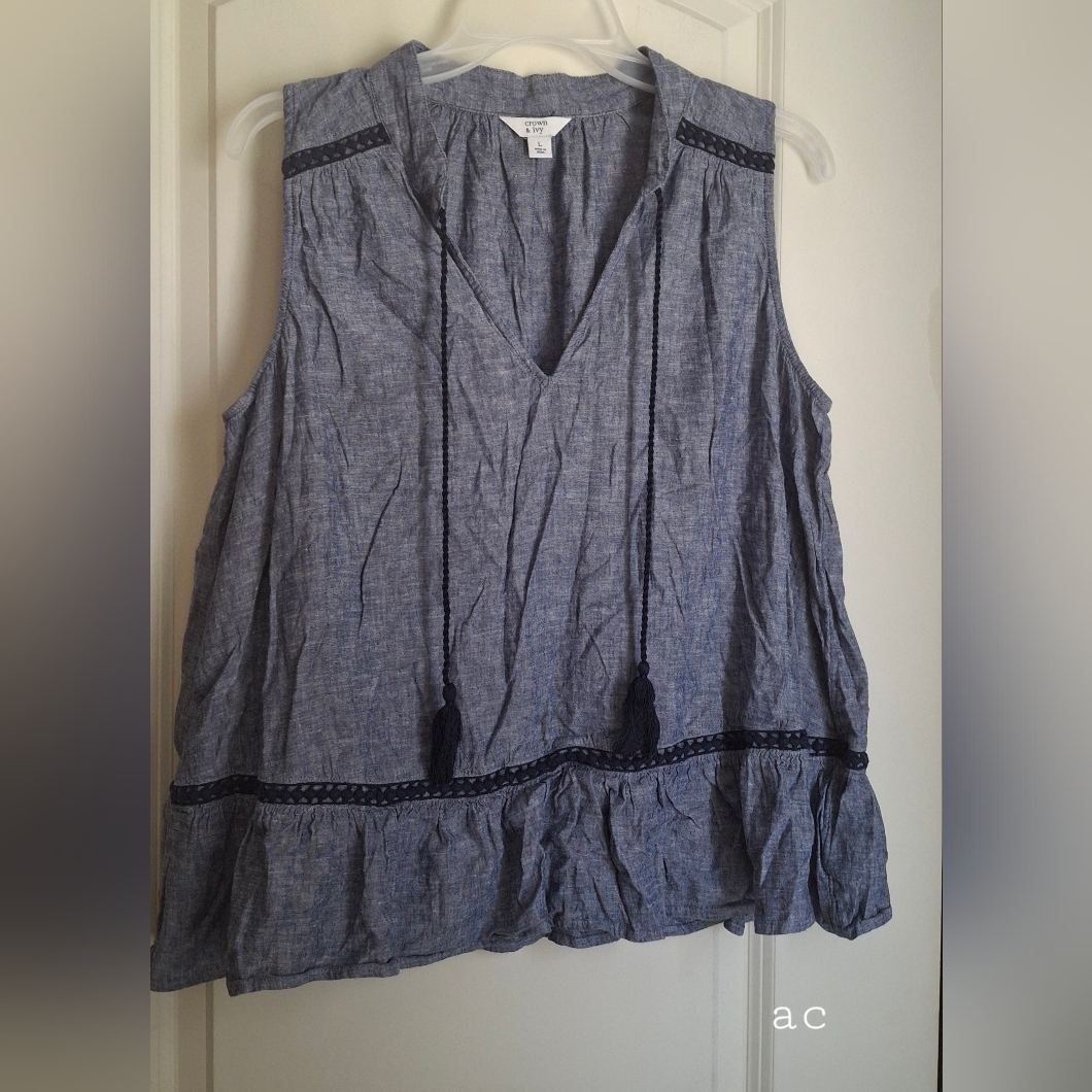 Crown & Ivy Blue Rayon Linensleeveless Ruffle Top Sz L Summer Western Boho Casu